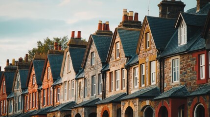 Obraz premium Uniform row of traditional houses with pitched roofs and upstairs windows in a picturesque neighborhood setting.