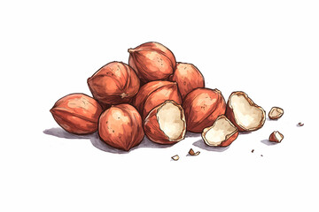Obraz premium Hand-drawn illustration of scattered hazelnuts with shells on a white background