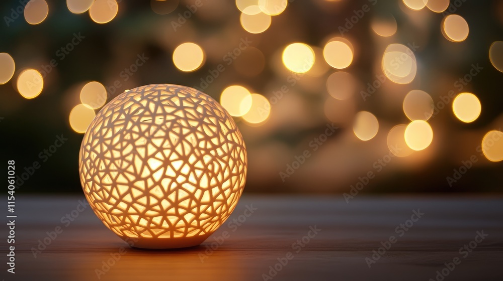 Poster decorative round lamp illuminated against a soft bokeh background creating a warm and inviting ambia