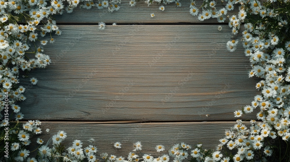 Poster chamomile flower frame on rustic wooden background creating a perfect space for text or messages in 