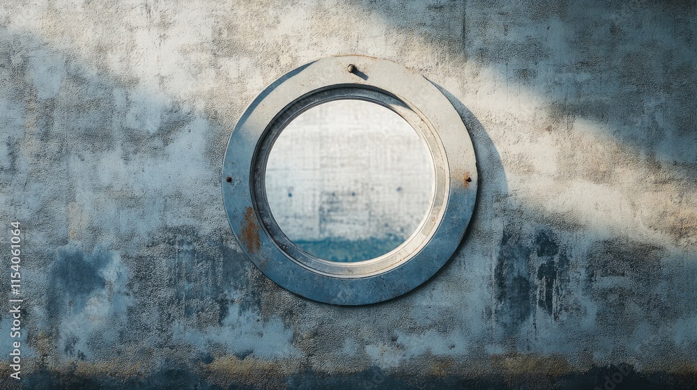 Poster round porthole window mounted on weathered gray stone wall creating a unique mockup viewport for arc