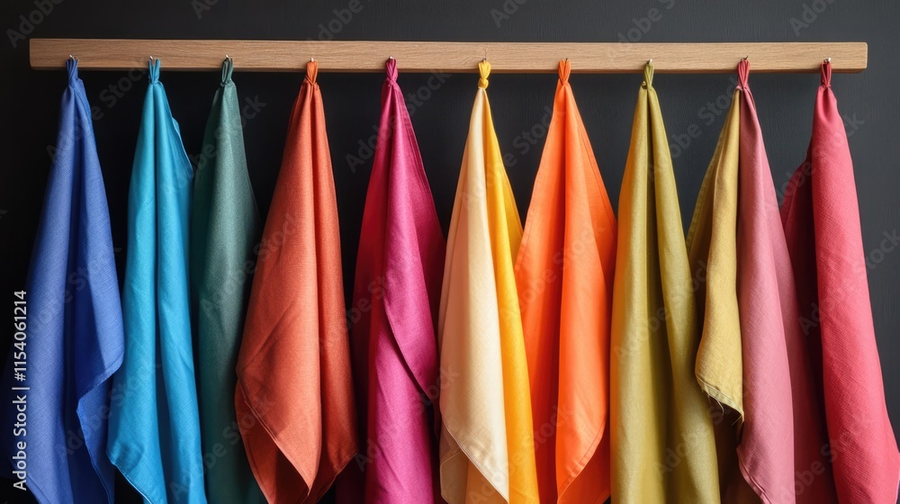 Poster vibrant array of colorful textile flags displayed on a wooden hanger against a sleek dark background