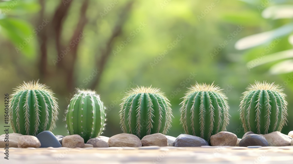 Poster row of vibrant cacti surrounded by pebbles with a soft focus garden background creating a serene and