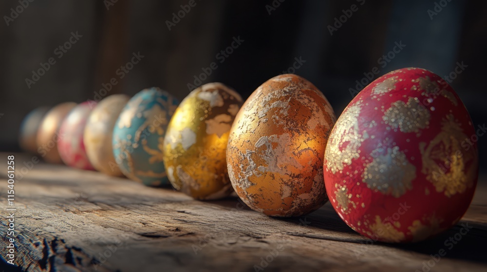 Poster colorful decorative easter eggs arranged on a rustic wooden table showcasing intricate patterns and 