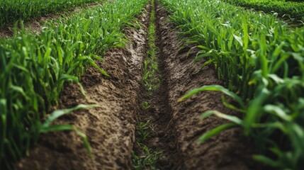 Obraz premium Row gap between plant beds showcasing healthy crops and rich soil in an agricultural field ready for cultivation and growth.