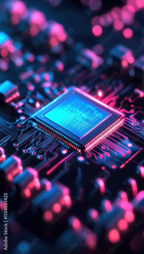Poster close-up view of neon circuit board with microchip and lights