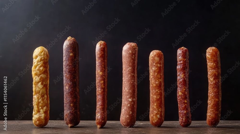 Poster freshly made sausages arranged in a gradient from small to large showcasing texture and color variat