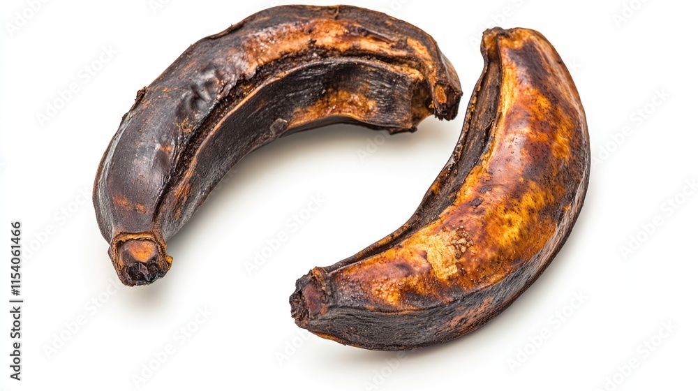 Poster overripe and rotten bananas displayed on a white background emphasizing texture and color decay in f