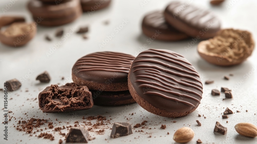 Poster chocolate coated round cookies with cocoa and chocolate pieces on a light surface with almonds and c
