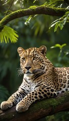 Leopard reclining on a mossy branch amidst dense jungle foliage, its striking spots and relaxed posture embodying the wild beauty of nature