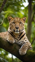 Fototapeta premium Leopard reclining on a mossy branch amidst dense jungle foliage, its striking spots and relaxed posture embodying the wild beauty of nature