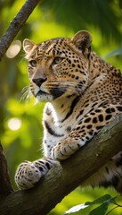 Fototapeta premium Leopard reclining on a mossy branch amidst dense jungle foliage, its striking spots and relaxed posture embodying the wild beauty of nature