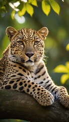 Fototapeta premium Leopard reclining on a mossy branch amidst dense jungle foliage, its striking spots and relaxed posture embodying the wild beauty of nature