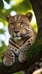 Naklejka premium A majestic leopard lounges on a tree branch, surrounded by vibrant greenery, capturing the essence of tranquility and wilderness