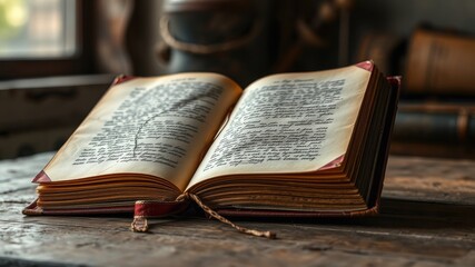 Obraz premium An antique book lies open on a rustic wooden table, revealing its aged pages filled with elegant cursive script, a testament to time and forgotten stories.