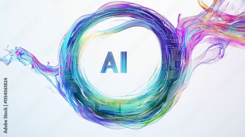 Poster Abstract Circular Design with 'AI' and Colorful Flowing Lines