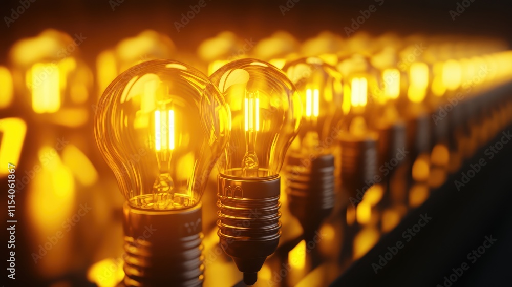 Poster row of vintage light bulbs glowing warmly in a dark setting creating a nostalgic and inviting ambian