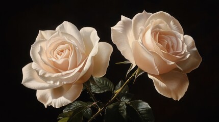 Elegant beige roses embody love and beauty with velvety petals and rich symbolism in a timeless floral display against a dark background