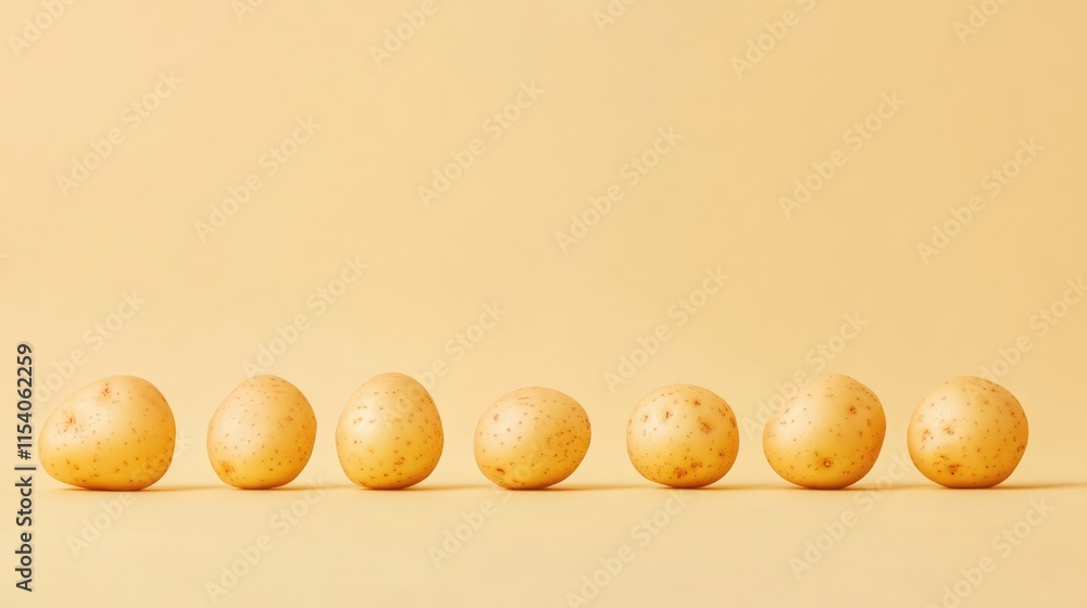 Poster freshly harvested raw potatoes arranged in a neat row on a soft yellow background highlighting their