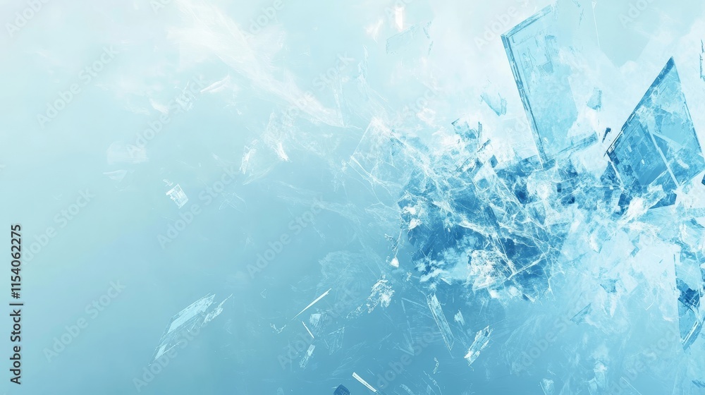 Poster abstract representation of ice fragments and shards in various shades of blue with a light backgroun