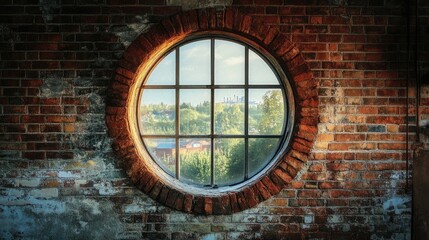 Round brick window showcasing scenic views in historical architecture with textured wall details and natural light.