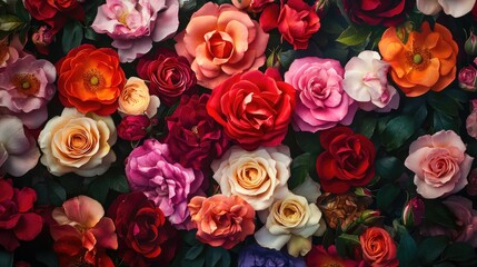 Naklejka premium Vibrant bouquet of assorted roses blooming in a colorful garden setting showcasing rich textures and diverse floral hues.