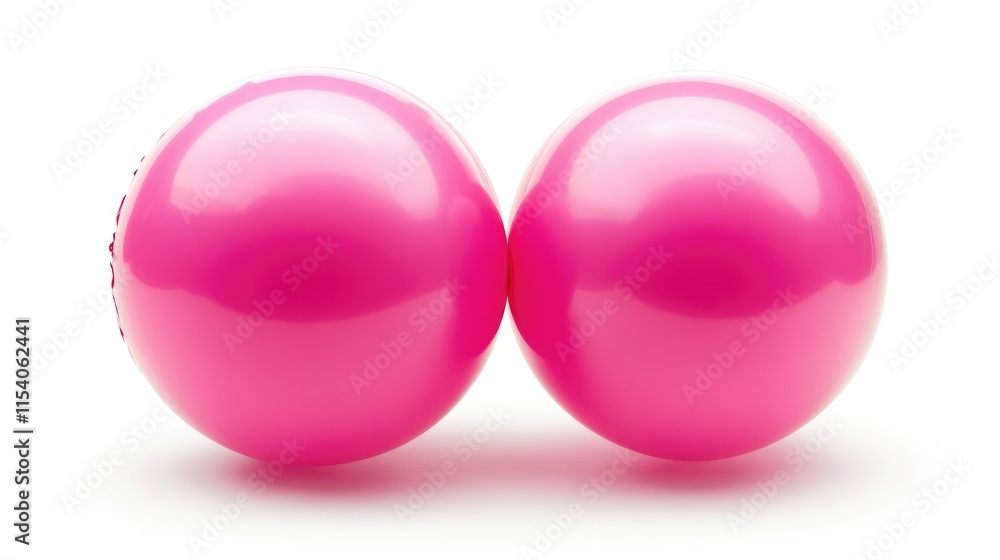 Poster two glossy pink inflated balloons side by side on a white background emphasizing color and shape for