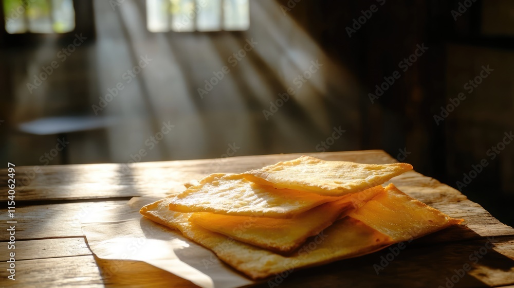 Poster roti stacked on rustic wooden table basking in warm sunlight with soft flares creating a cozy atmosp