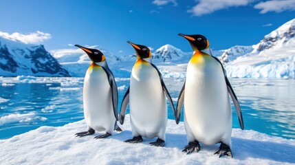 Fototapeta premium Three emperor penguins stand on an iceberg under a clear blue sky in Antarctica, showcasing their unique beauty.