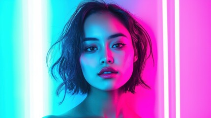 Portrait of Young Woman with Bold Neon Lighting in Vibrant Colors
