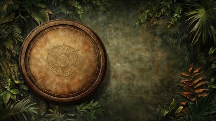 Yoruba wedding drum, traditional design, displayed against lush tropical foliage backdrop