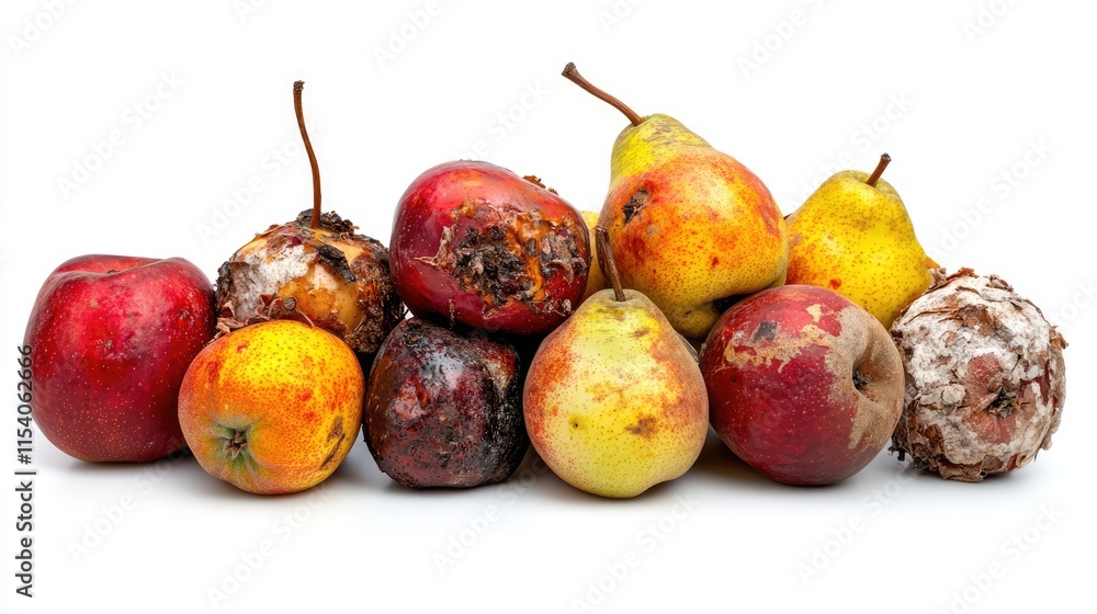 Poster spoiled apples and pears with rot displaying the effects of decay on fruits isolated against a clean