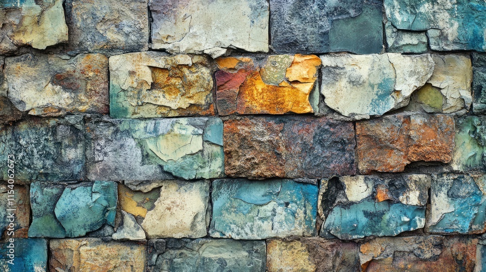 Poster textured vintage stone brick wall with multicolored uneven surfaces creating a rustic and artistic b