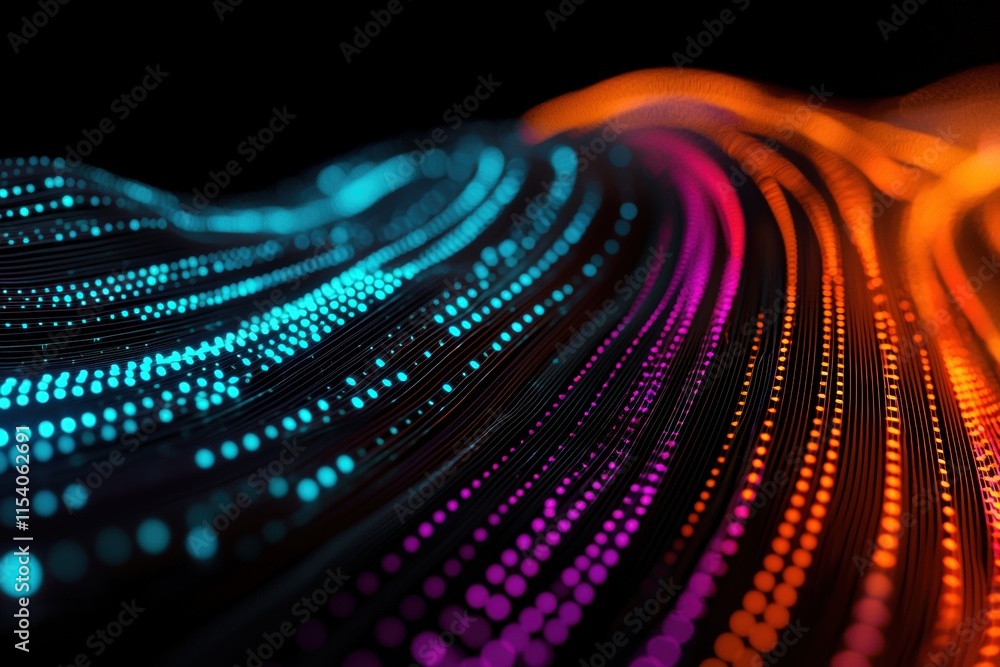 Poster abstract colorful waves of light with flowing digital particles