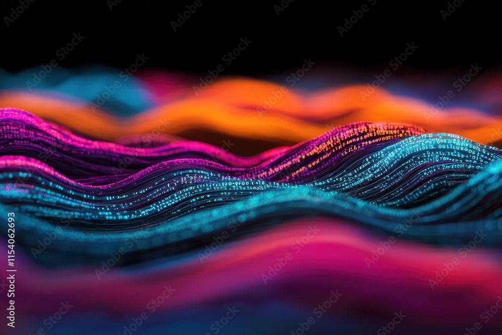 Poster vibrant abstract waves of colorful light and digital patterns