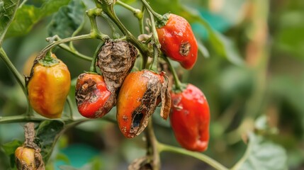 Rotten and decayed small red peppers on the plant showcasing agricultural deterioration and spoilage in a natural setting