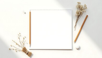 Minimalist Notepad & Pencil Setup: Elegant Dried Flowers and Neutral Tones in 8K