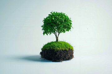 A small tree on top of a small mound of grass