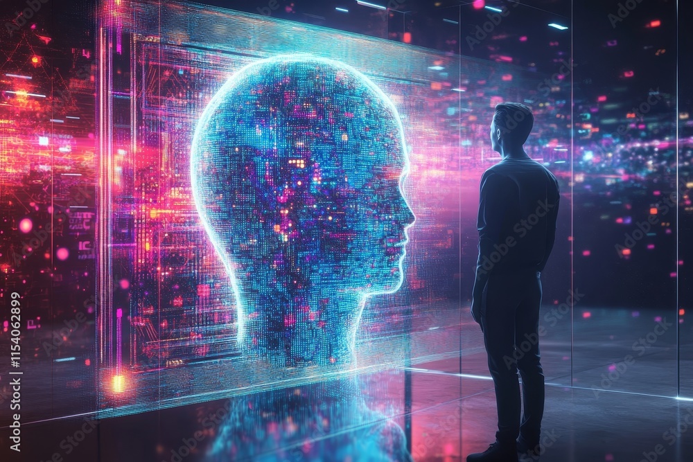 Aufkleber exploring a digital head in an abstract environment illustrating the fusion of technology and human-