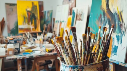 Fototapeta premium A well-stocked artist's studio filled with paintbrushes, canvases, and paints
