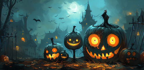 Glowing jack-o'-lanterns in a haunted graveyard setting, with a spooky castle and flying bats under the moonlight. Background
