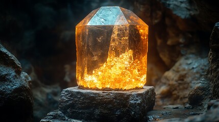 Luminous Amber Crystal Rests on Dark Rock