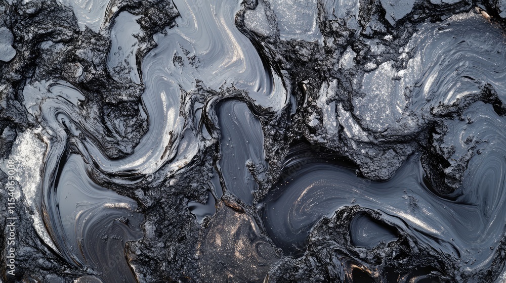 Poster textured bitumen surface with swirling patterns in grey and black tones ideal for backgrounds or abs
