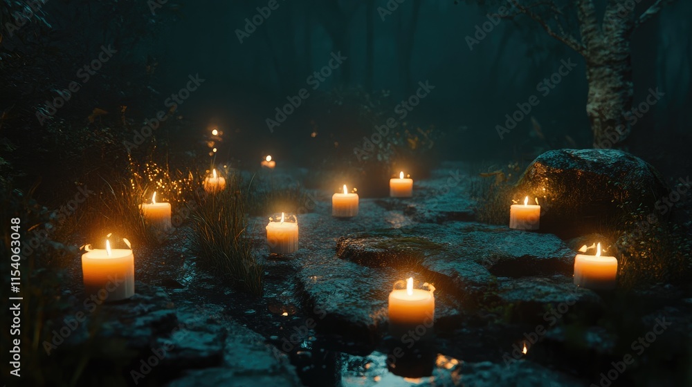 Poster illuminated round candles surrounding a tranquil pathway in a serene dark forest setting