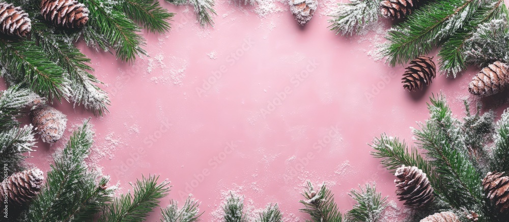 Poster christmas background with snow-covered pine branches and cones on a pink backdrop featuring artistic