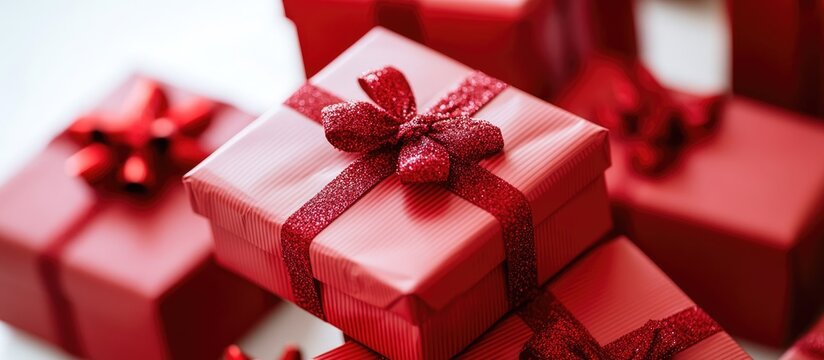 Red festive gift boxes arranged creatively on a clean white background for holiday and celebration themes