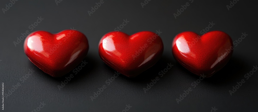 Aufkleber glossy red hearts arranged in a row on a sleek black background creating a striking contrast suitabl