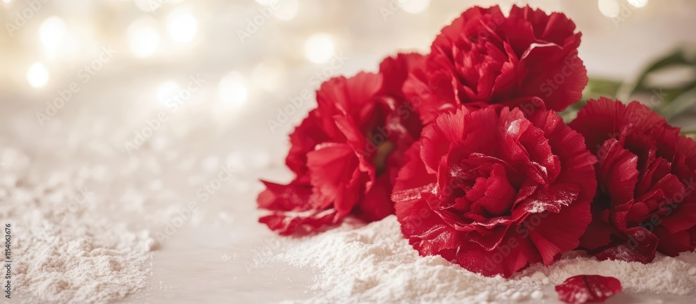Poster red carnations on a textured surface with soft lighting creating a warm, romantic atmosphere for flo