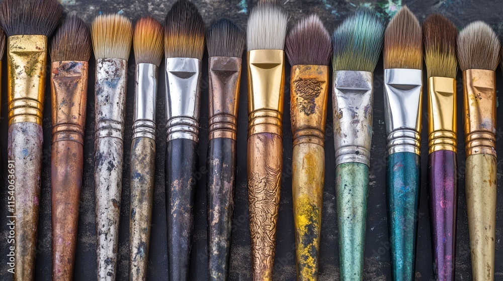 Poster close up of a row of worn artist paint brushes displaying unique textures and colors against a rusti