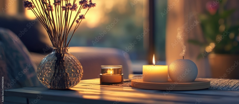 Poster reed diffusers and scented candles beautifully arranged on a modern indoor table creating a cozy and